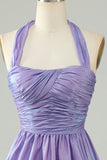 Purple Halter Open Back Sleeveless A Line Graduation Dress
