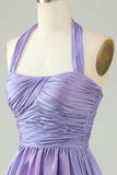 Purple Halter Open Back Sleeveless A Line Graduation Dress
