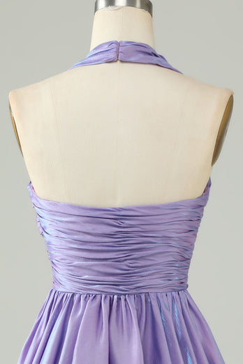 Purple Halter Open Back Sleeveless A Line Graduation Dress