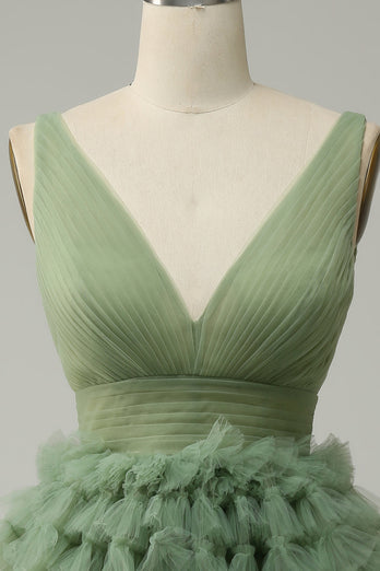 Green Tulle V-Neck Short Prom Dress With Open Back