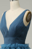 A Line V-Neck Blue Long Prom Dress With Open Back