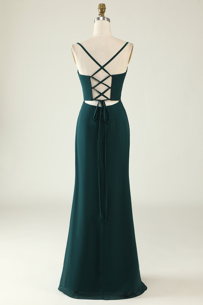 Load image into Gallery viewer, Sheath Spaghetti Straps Dark Green Long Wedding Guest Dress with Split Front