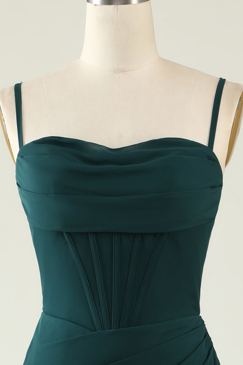 Load image into Gallery viewer, Sheath Spaghetti Straps Dark Green Long Wedding Guest Dress with Split Front
