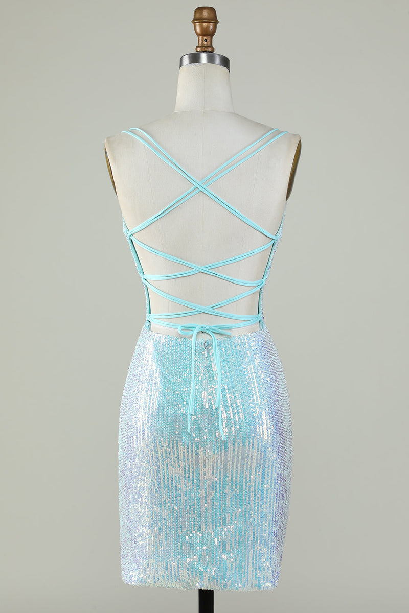 Load image into Gallery viewer, Bling Sheath Spaghetti Straps Light Blue Sequins Short Graduation Dress with Criss Cross Back