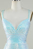 Load image into Gallery viewer, Bling Sheath Spaghetti Straps Light Blue Sequins Short Graduation Dress with Criss Cross Back