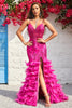 Load image into Gallery viewer, Mermaid Spaghetti Straps Fuchsia Long Prom Dress with Feathers