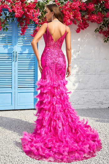 Mermaid Spaghetti Straps Fuchsia Long Prom Dress with Feathers