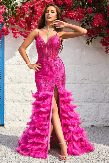 Mermaid Spaghetti Straps Fuchsia Long Prom Dress with Feathers