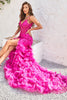 Load image into Gallery viewer, Mermaid Spaghetti Straps Fuchsia Long Prom Dress with Feathers