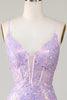 Load image into Gallery viewer, Sparkly Mermaid Spaghetti Straps Purple Corset Prom Dress with Slit