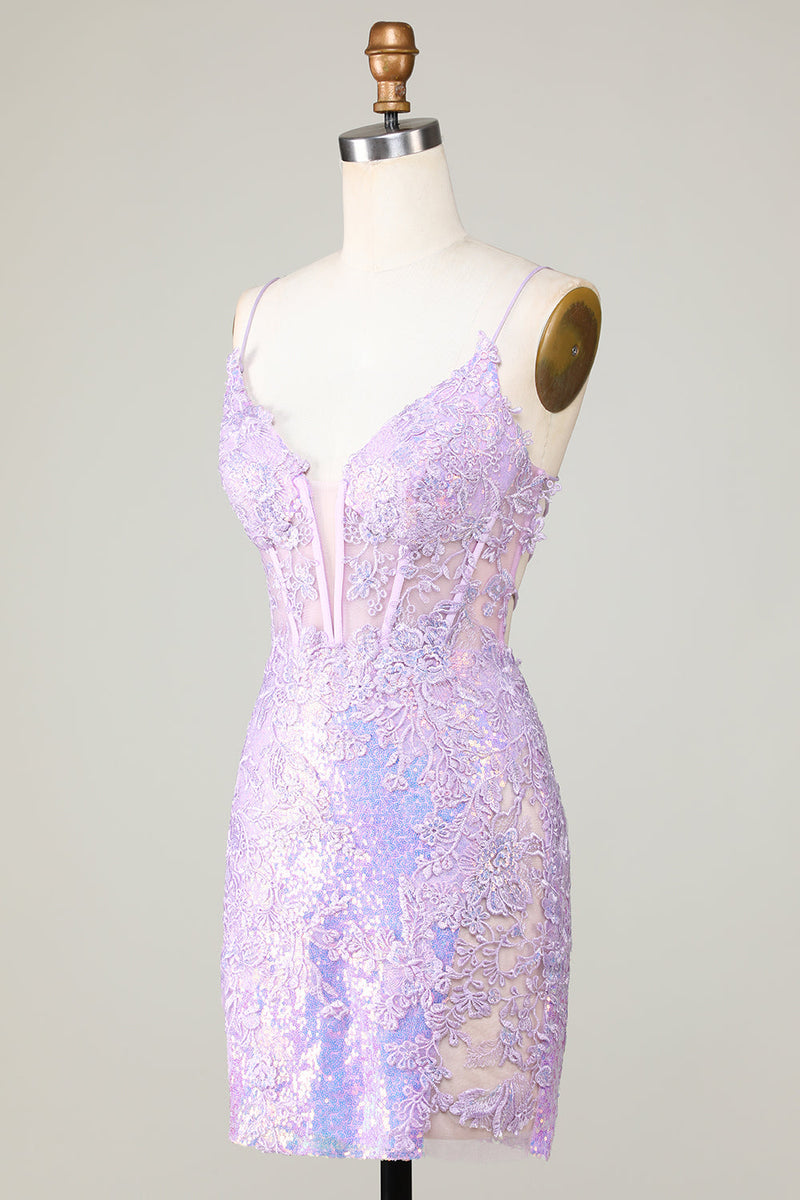 Load image into Gallery viewer, Bling Bodycon Spaghetti Straps Purple Corset Homecoming Dress with Criss Cross Back