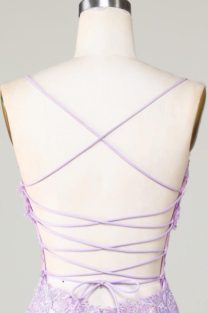 Load image into Gallery viewer, Bling Bodycon Spaghetti Straps Purple Corset Homecoming Dress with Criss Cross Back