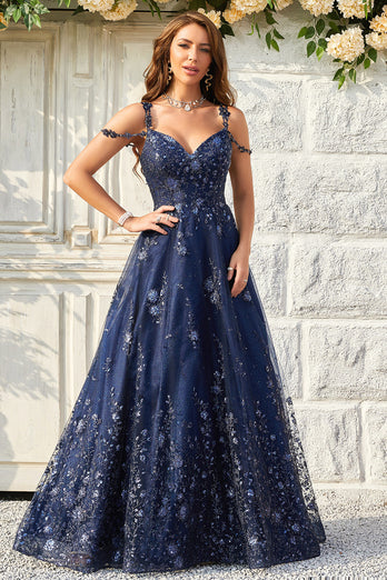 A Line Off the Shoulder Navy Long Prom Dress with Appliques