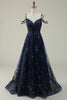 Load image into Gallery viewer, Navy A Line Cold Shoulder Long Prom Dress