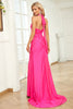 Load image into Gallery viewer, Mermaid Halter Neck Fuchsia Long Prom Dress with Split Front