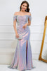 Load image into Gallery viewer, Sparkly Mermaid Off The Shoulder Purple Long Prom Dress with Slit