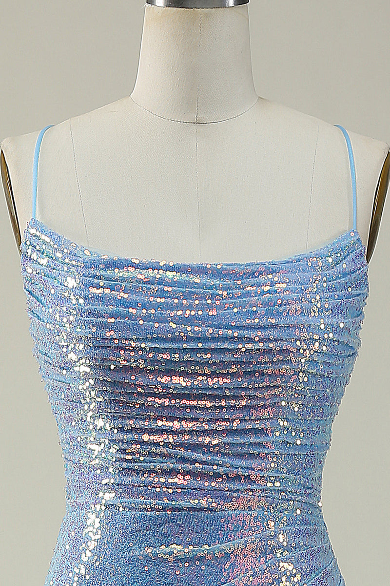 Load image into Gallery viewer, Blue Sequined Spaghetti Straps Mermaid Prom Dress
