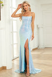 Mermaid Spaghetti Straps Blue Sequins Long Prom Dress with Split Front