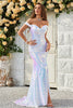 Load image into Gallery viewer, Mermaid Off the Shoulder White Sequins Long Prom Dress with Split Front