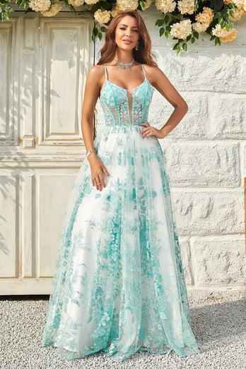 A Line Spaghetti Straps Green Corset Prom Dress with Criss Cross Back