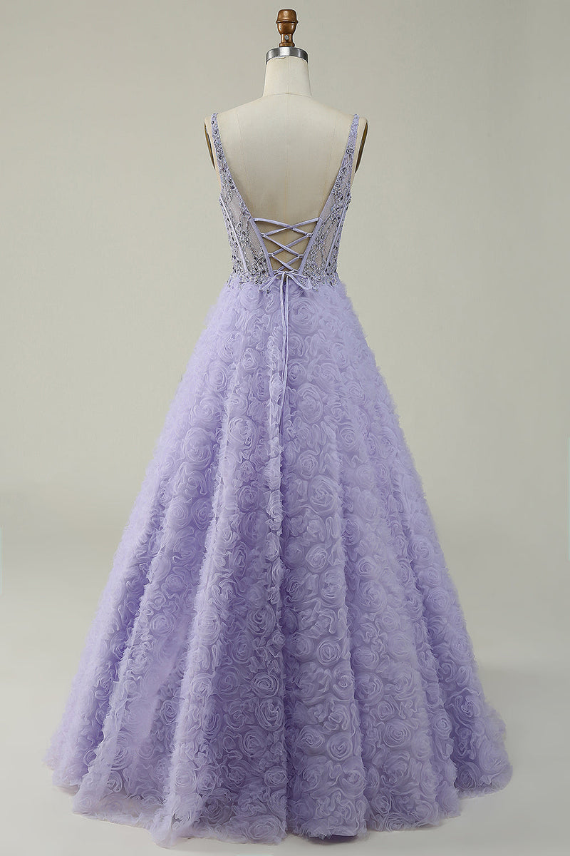 Load image into Gallery viewer, A Line V Neck Purple Long Prom Dress with 3D Flowers