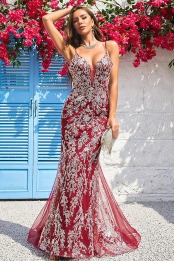 Mermaid Spaghetti Straps Burgundy Long Prom Dress with Open Back