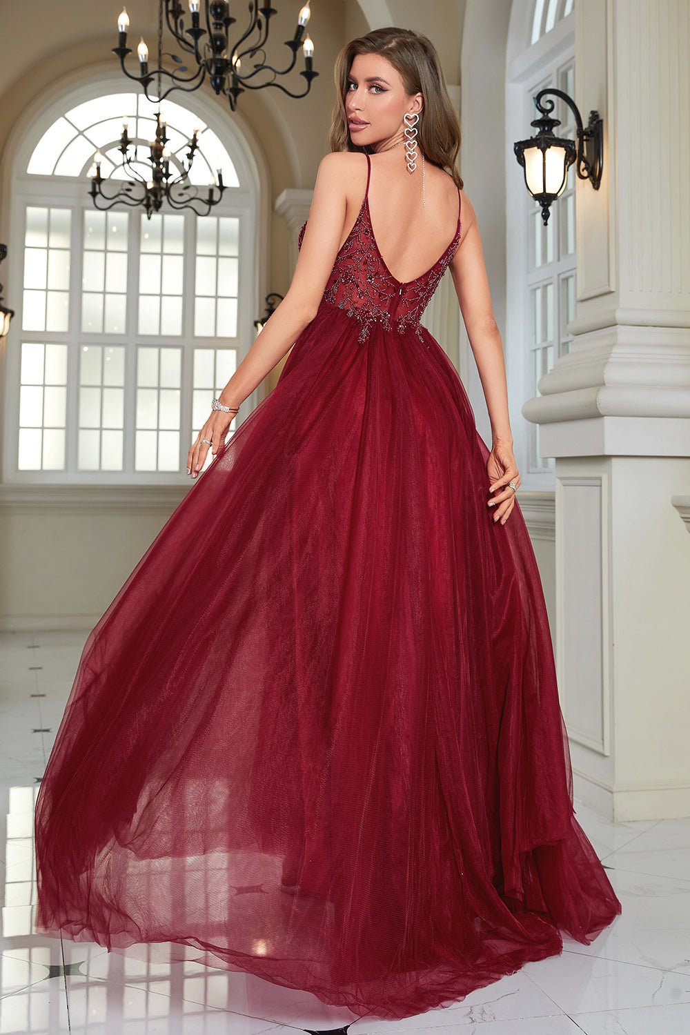Zapaka Women Sparkly Burgundy Beaded Long Tulle Prom Dress with