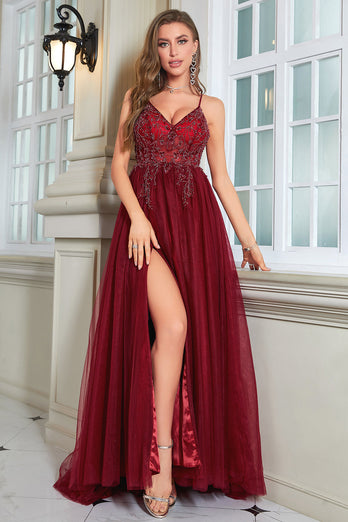Sparkly Burgundy Beaded Long Tulle Prom Dress with Slit