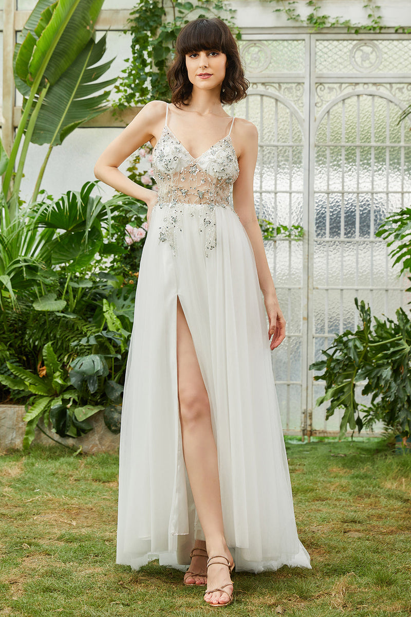 Load image into Gallery viewer, Tulle Spaghetti Straps White Long Prom Dress with Beading