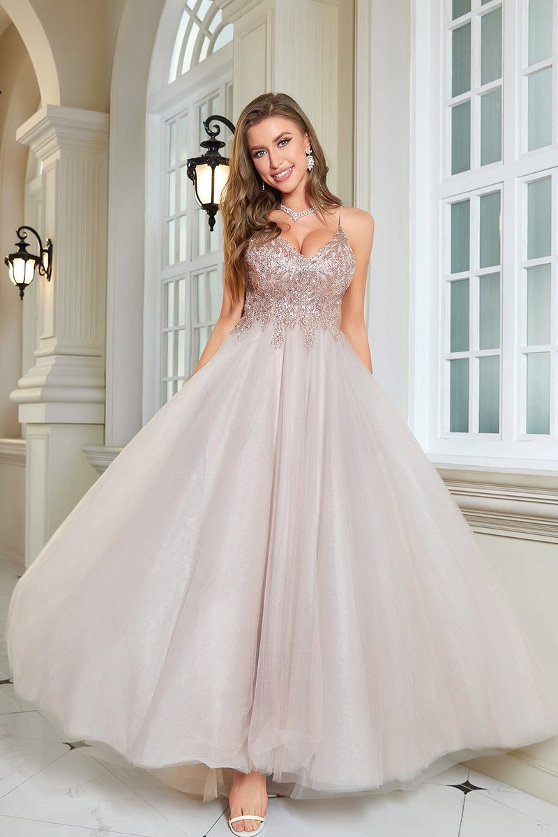 Load image into Gallery viewer, Glitter Blush A-Line Tulle Long Prom Dress with Lace