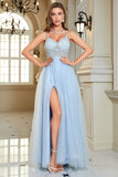 Light Blue A-Line Corset Long Backless Prom Dress