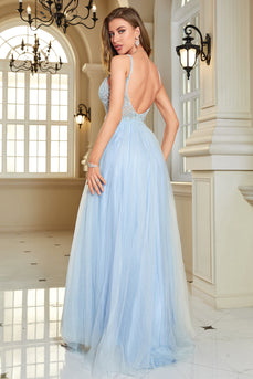 Light Blue A-Line Corset Long Backless Prom Dress