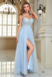 Light Blue A-Line Corset Long Backless Prom Dress