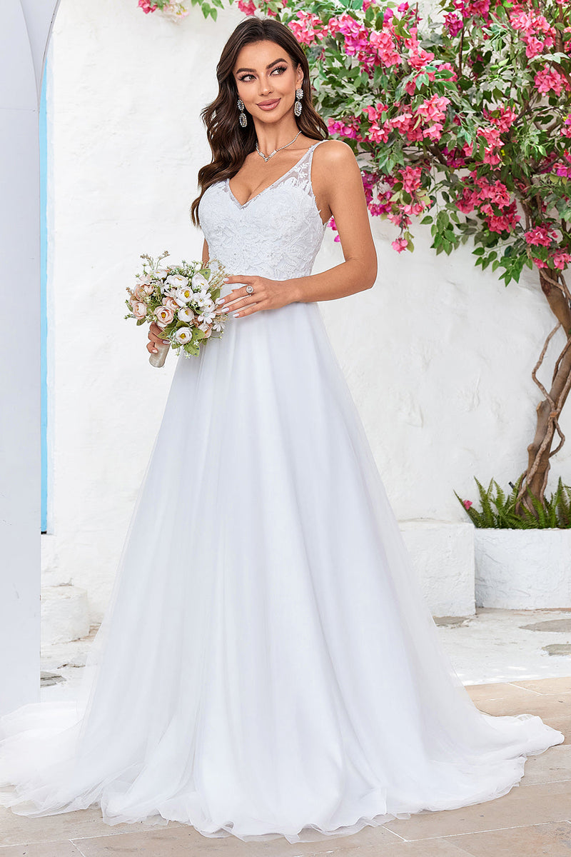 Load image into Gallery viewer, Ivory V-Neck Tulle Sweep Train A Line Wedding Dress with Lace