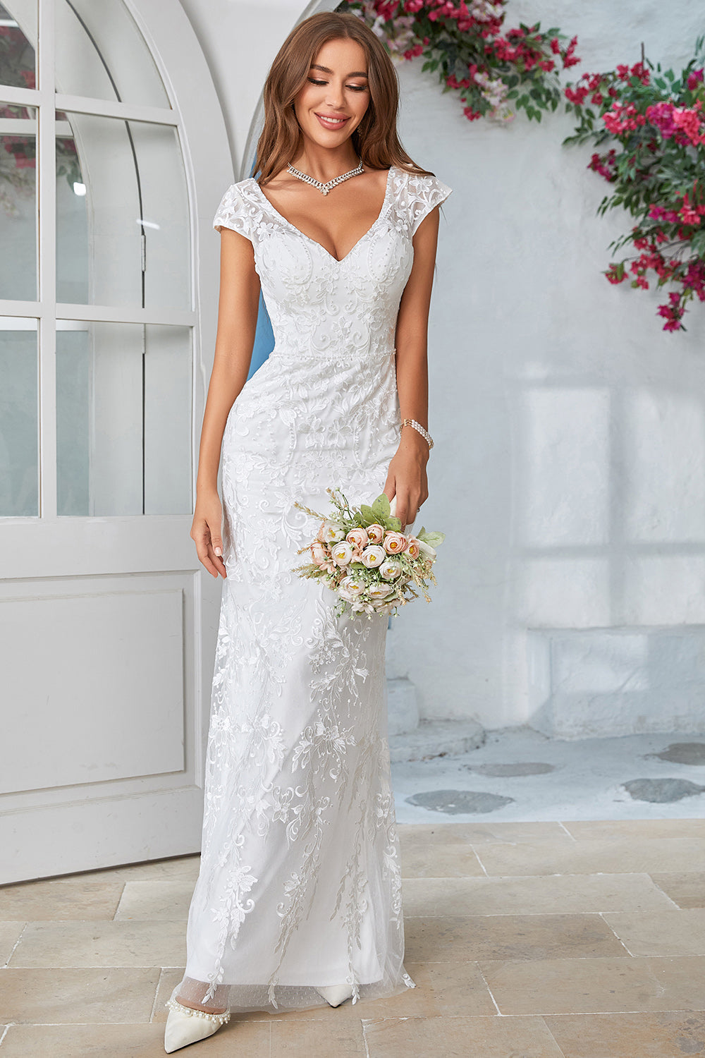 Lace Backless V-Neck Cap Sleeve Knitted Wedding Dress - Ever-Pretty UK