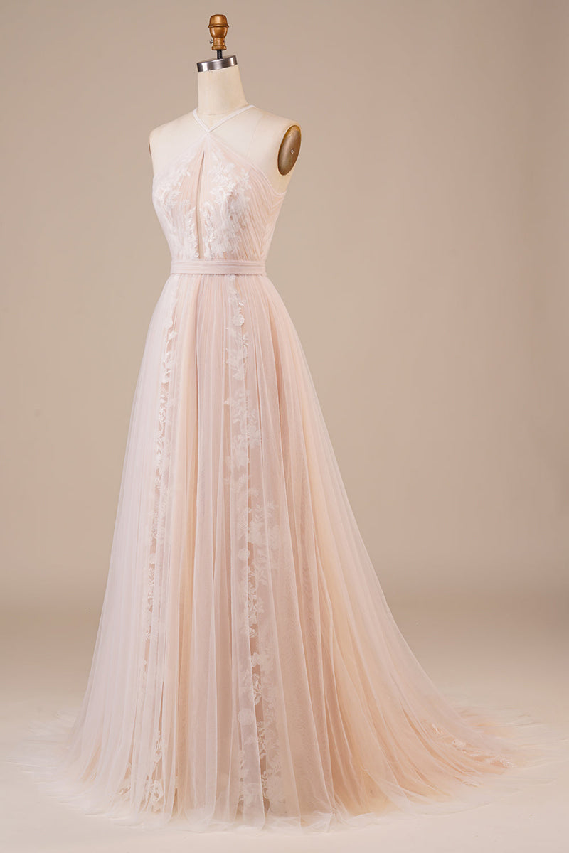 Load image into Gallery viewer, Tulle Halter Keyhole Champagne Wedding Dress with Appliques
