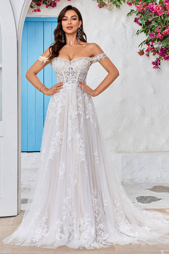 Detachable Off the Shoulder Corset Tulle A Line Wedding Dress