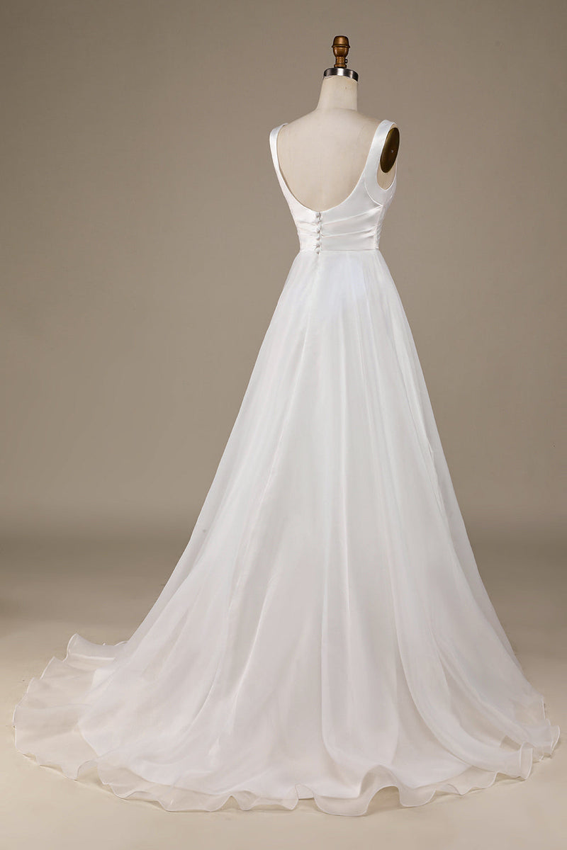 Load image into Gallery viewer, Simple Ivory Organza Scoop Neck Sweep Train Wedding Dress